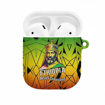 Menelik II AirPods Case with Crowned Portrait, Ethiopia Never Colonized Text and Pan-African Abstract - African Pride