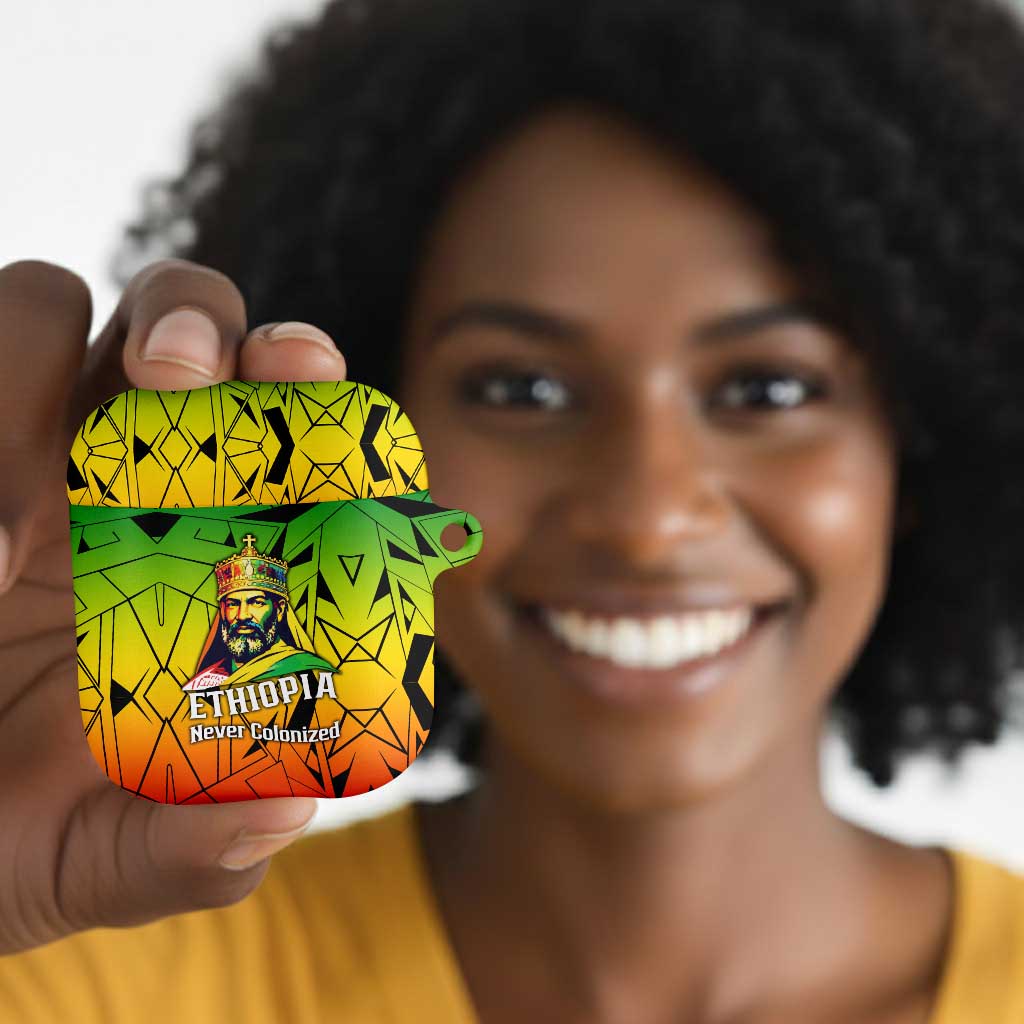 Menelik II AirPods Case with Crowned Portrait, Ethiopia Never Colonized Text and Pan-African Abstract - African Pride