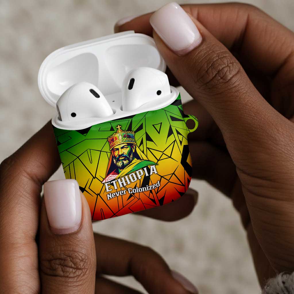 Menelik II AirPods Case with Crowned Portrait, Ethiopia Never Colonized Text and Pan-African Abstract - African Pride