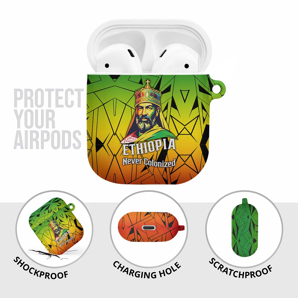 Menelik II AirPods Case with Crowned Portrait, Ethiopia Never Colonized Text and Pan-African Abstract - African Pride