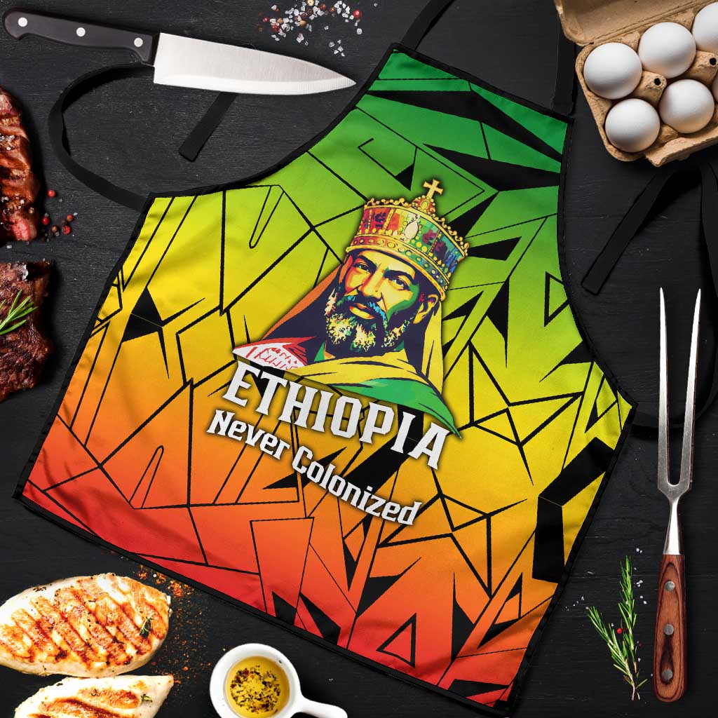 Menelik II Apron with Crowned Portrait, Ethiopia Never Colonized Text and Pan-African Abstract - African Pride