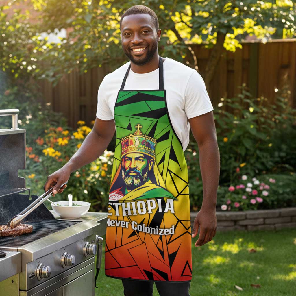 Menelik II Apron with Crowned Portrait, Ethiopia Never Colonized Text and Pan-African Abstract - African Pride