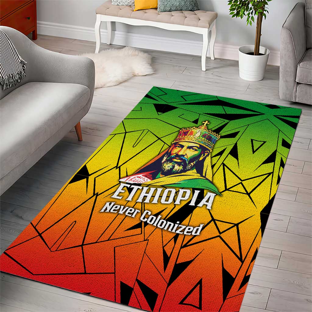 Menelik II Area Rug with Crowned Portrait, Ethiopia Never Colonized Text and Pan-African Abstract - African Pride