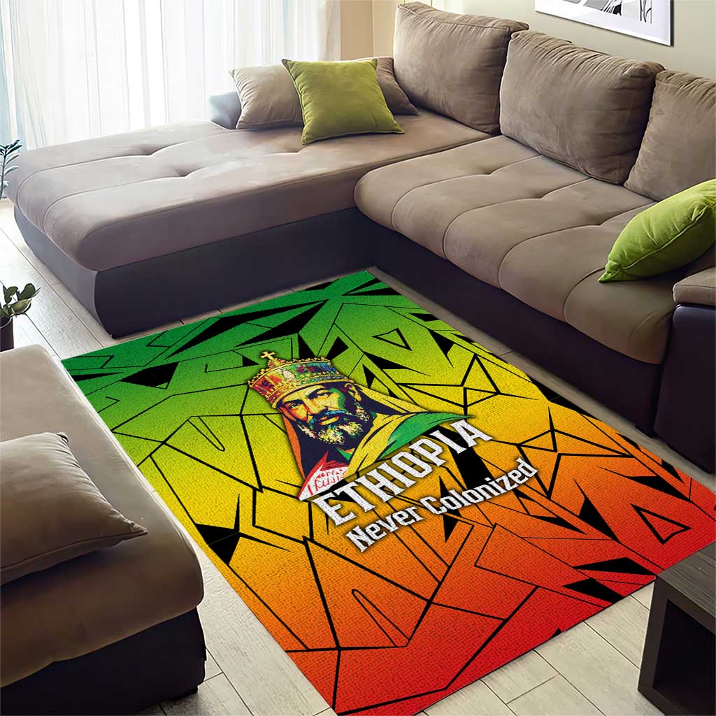 Menelik II Area Rug with Crowned Portrait, Ethiopia Never Colonized Text and Pan-African Abstract - African Pride