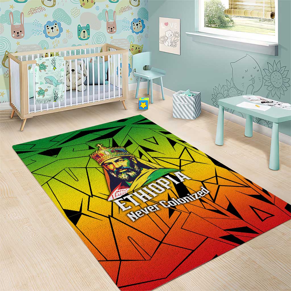 Menelik II Area Rug with Crowned Portrait, Ethiopia Never Colonized Text and Pan-African Abstract - African Pride