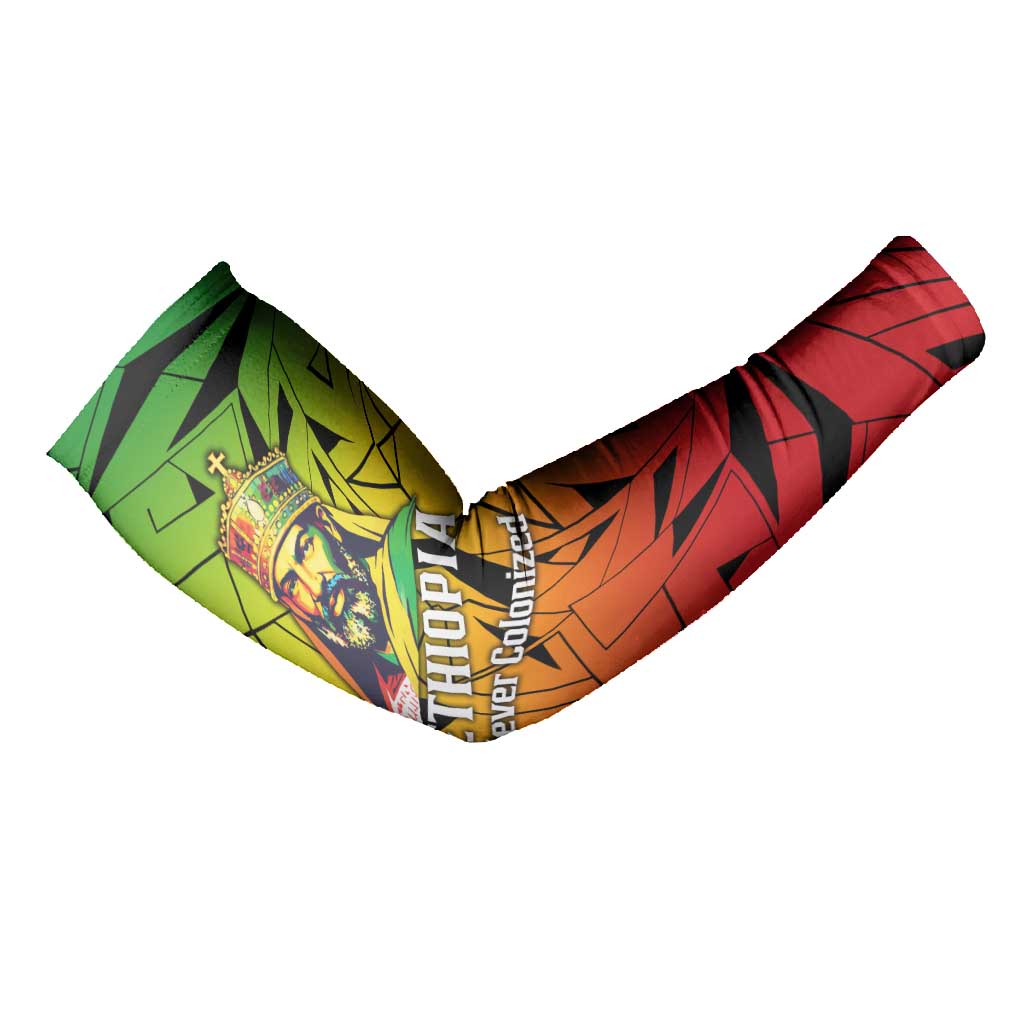 Menelik II Arm Sleeves with Crowned Portrait, Ethiopia Never Colonized Text and Pan-African Abstract - African Pride