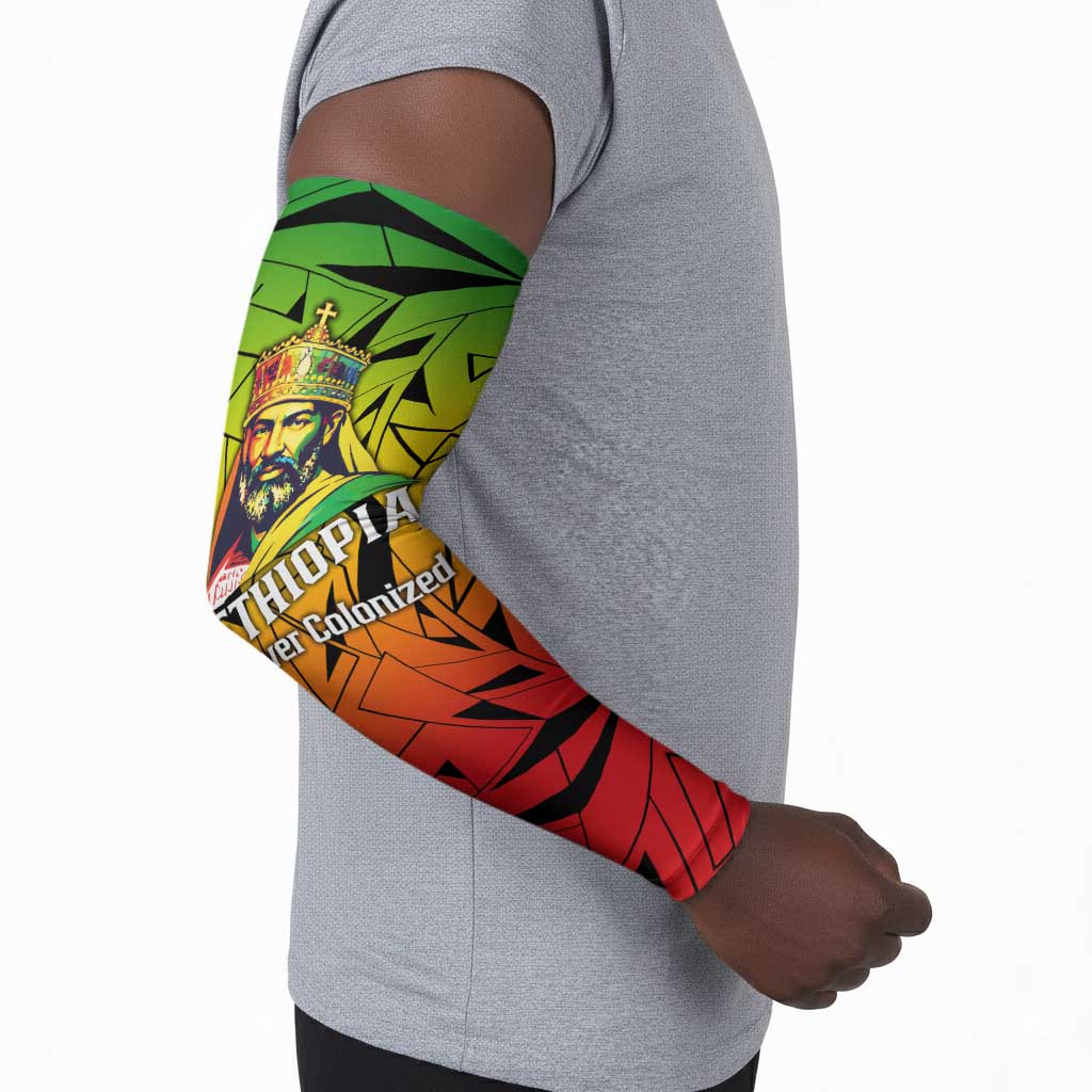Menelik II Arm Sleeves with Crowned Portrait, Ethiopia Never Colonized Text and Pan-African Abstract - African Pride