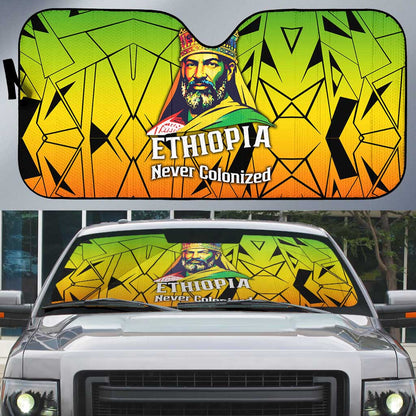 Menelik II Auto Sun Shade with Crowned Portrait, Ethiopia Never Colonized Text and Pan-African Abstract - African Pride