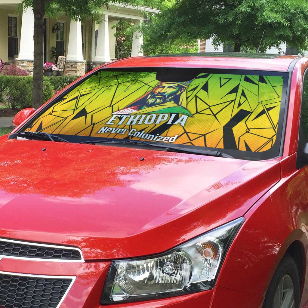 Menelik II Auto Sun Shade with Crowned Portrait, Ethiopia Never Colonized Text and Pan-African Abstract - African Pride