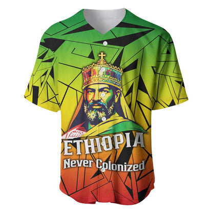 Menelik II Baseball Jersey with Crowned Portrait, Ethiopia Never Colonized Text and Pan-African Abstract - African Pride