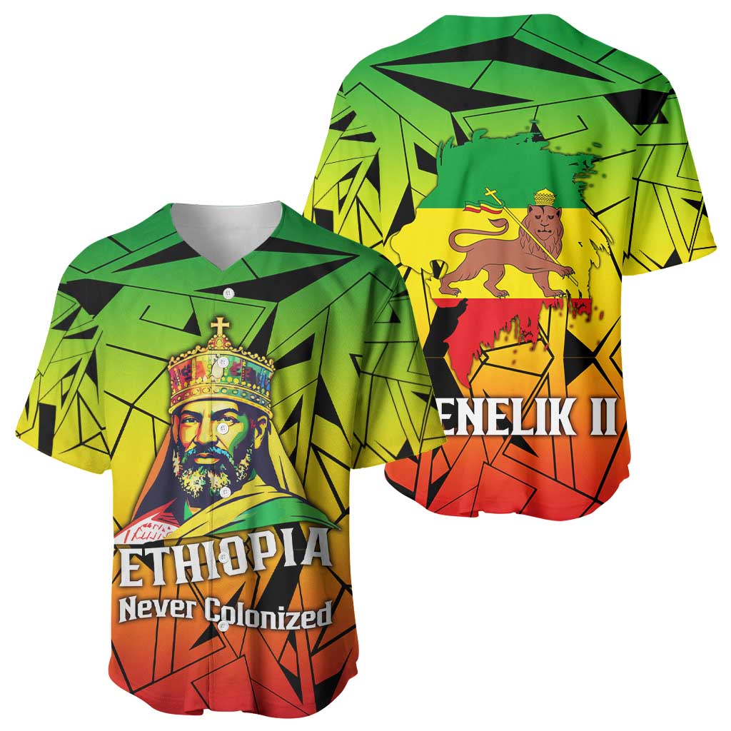 Menelik II Baseball Jersey with Crowned Portrait, Ethiopia Never Colonized Text and Pan-African Abstract - African Pride