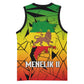 Menelik II Basketball Jersey with Crowned Portrait, Ethiopia Never Colonized Text and Pan-African Abstract - African Pride
