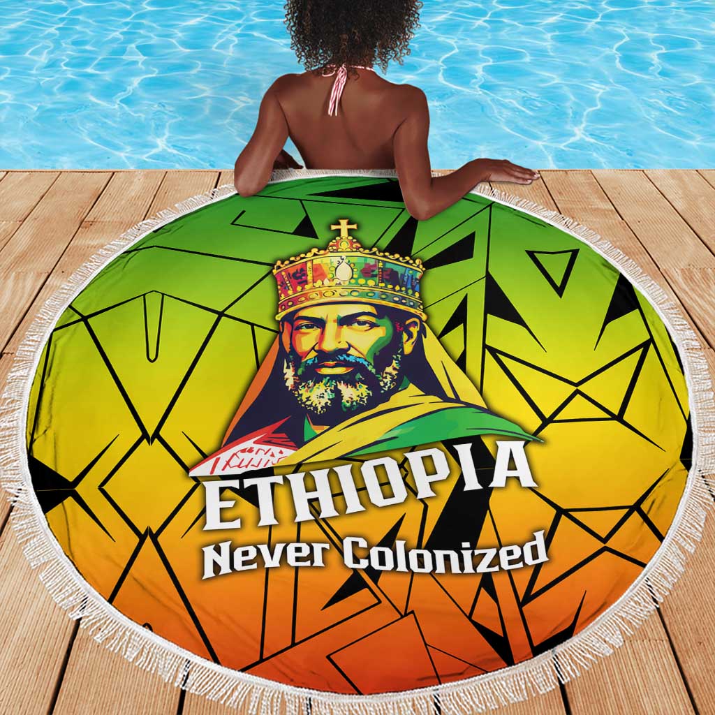 Menelik II Beach Blanket with Crowned Portrait, Ethiopia Never Colonized Text and Pan-African Abstract - African Pride