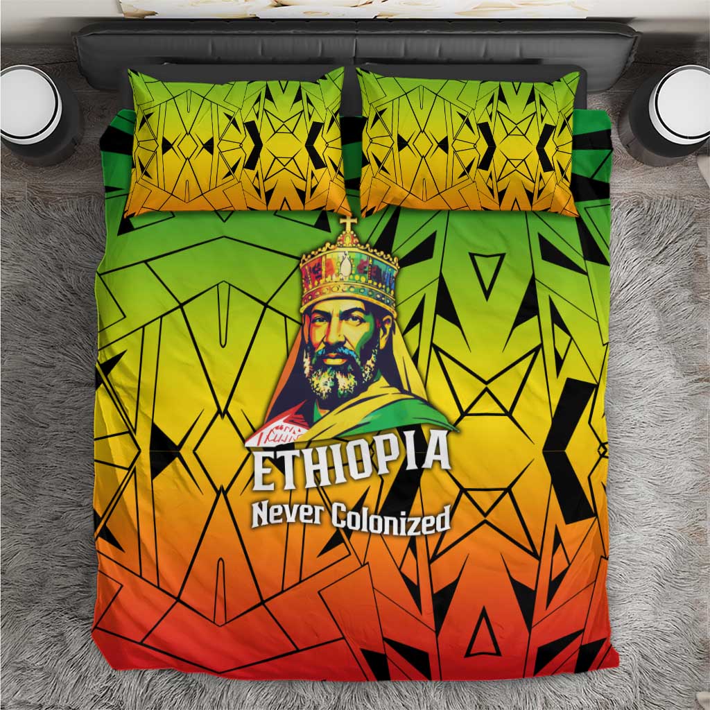 Menelik II Bedding Set with Crowned Portrait, Ethiopia Never Colonized Text and Pan-African Abstract - African Pride