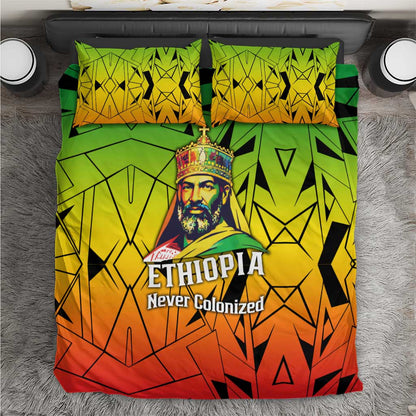 Menelik II Bedding Set with Crowned Portrait, Ethiopia Never Colonized Text and Pan-African Abstract - African Pride
