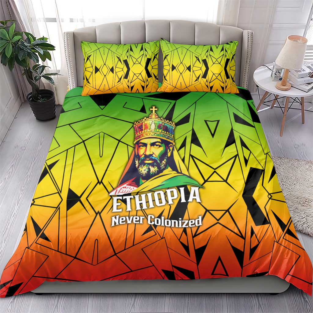 Menelik II Bedding Set with Crowned Portrait, Ethiopia Never Colonized Text and Pan-African Abstract - African Pride