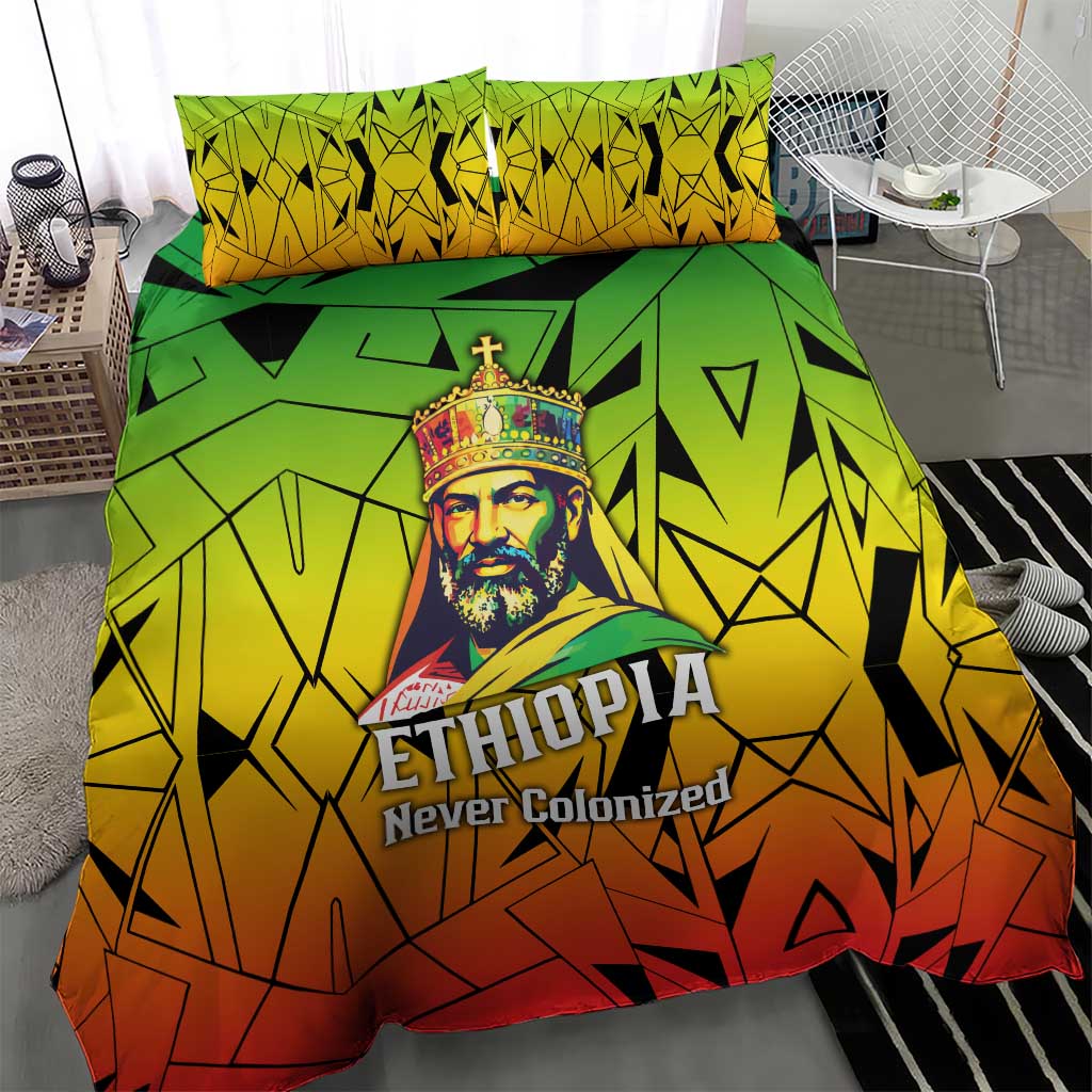Menelik II Bedding Set with Crowned Portrait, Ethiopia Never Colonized Text and Pan-African Abstract - African Pride