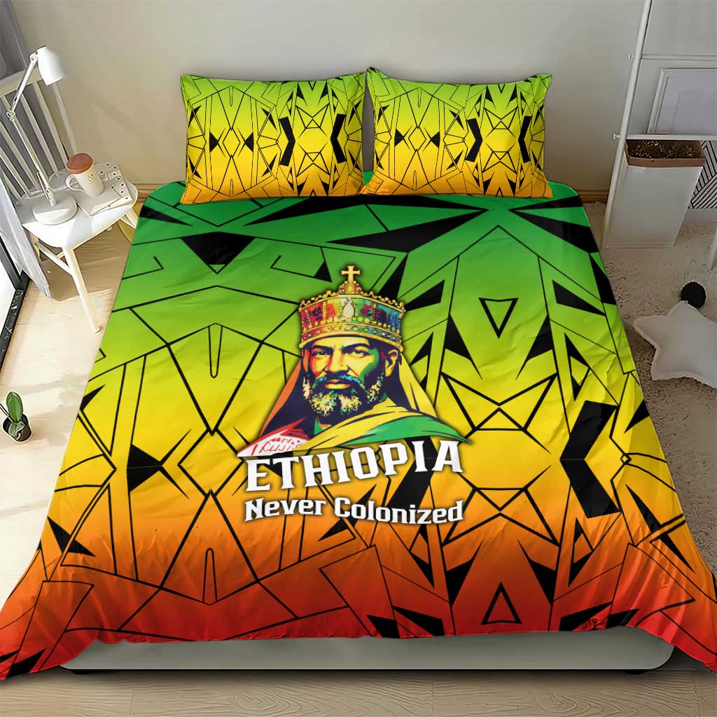 Menelik II Bedding Set with Crowned Portrait, Ethiopia Never Colonized Text and Pan-African Abstract - African Pride