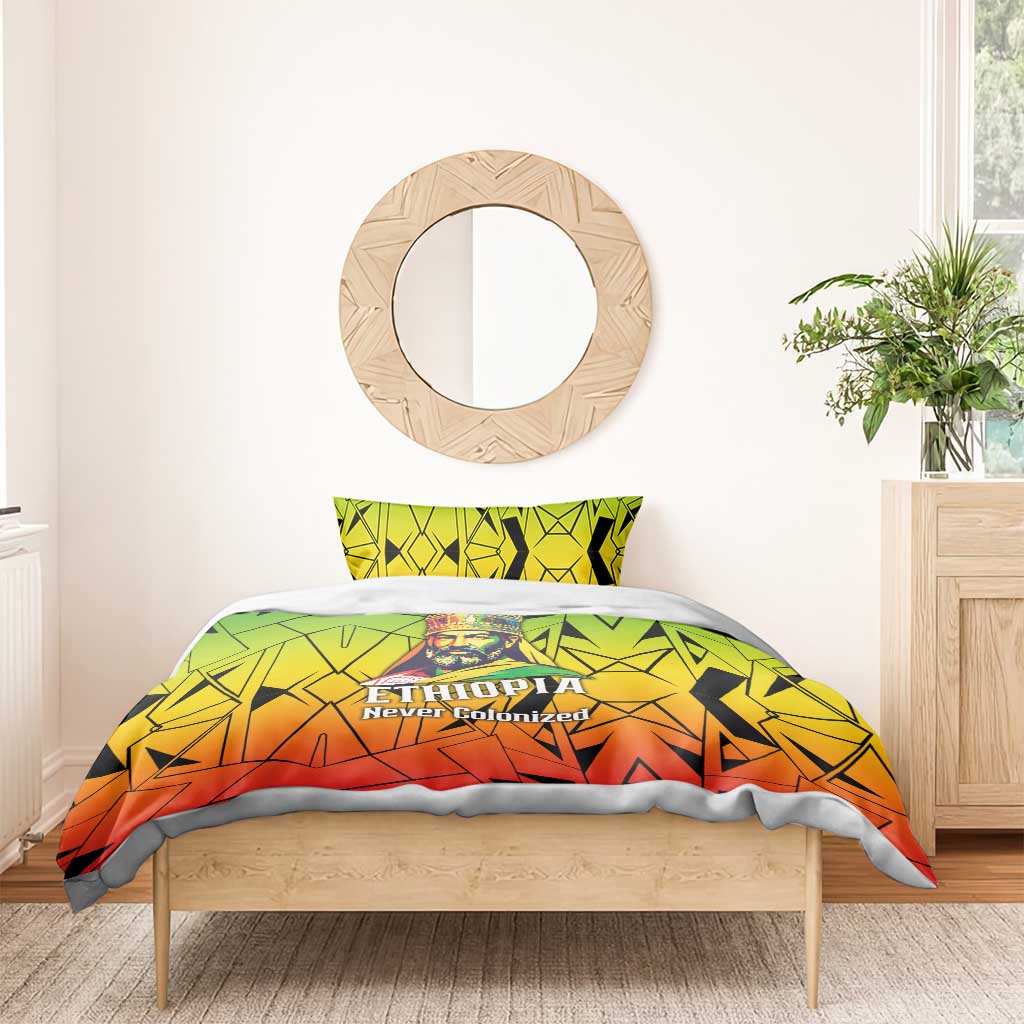 Menelik II Bedding Set with Crowned Portrait, Ethiopia Never Colonized Text and Pan-African Abstract - African Pride