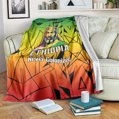 Menelik II Blanket with Crowned Portrait, Ethiopia Never Colonized Text and Pan-African Abstract - African Pride