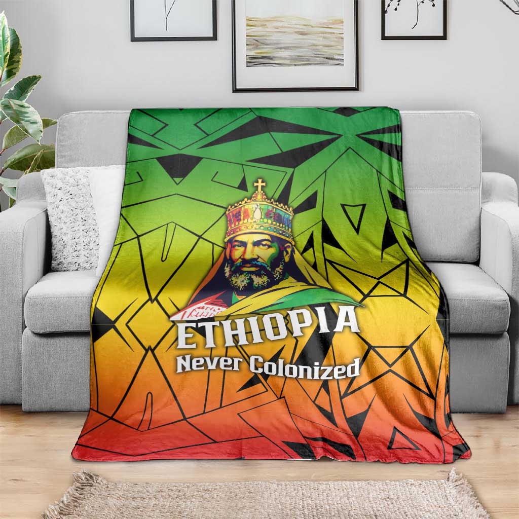 Menelik II Blanket with Crowned Portrait, Ethiopia Never Colonized Text and Pan-African Abstract - African Pride