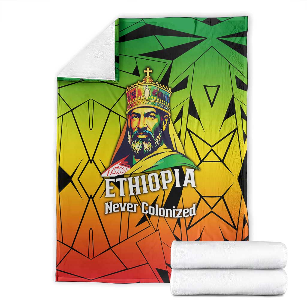Menelik II Blanket with Crowned Portrait, Ethiopia Never Colonized Text and Pan-African Abstract - African Pride