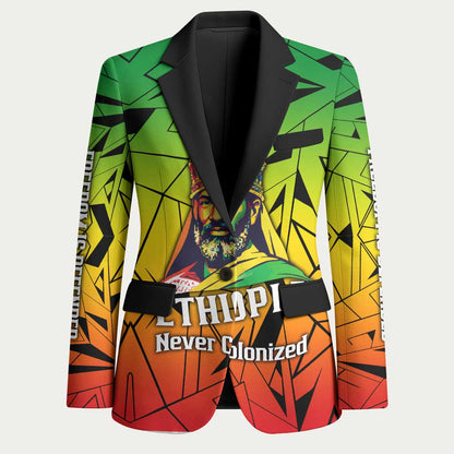 Menelik II Blazer with Crowned Portrait, Ethiopia Never Colonized Text and Pan-African Abstract - African Pride
