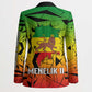 Menelik II Blazer with Crowned Portrait, Ethiopia Never Colonized Text and Pan-African Abstract - African Pride