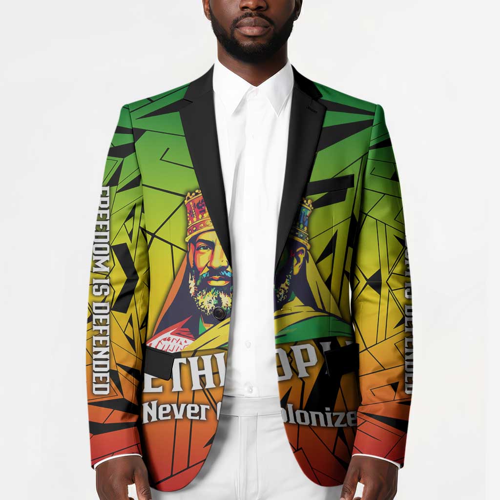 Menelik II Blazer with Crowned Portrait, Ethiopia Never Colonized Text and Pan-African Abstract - African Pride