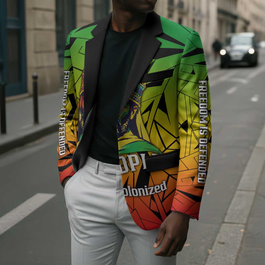 Menelik II Blazer with Crowned Portrait, Ethiopia Never Colonized Text and Pan-African Abstract - African Pride
