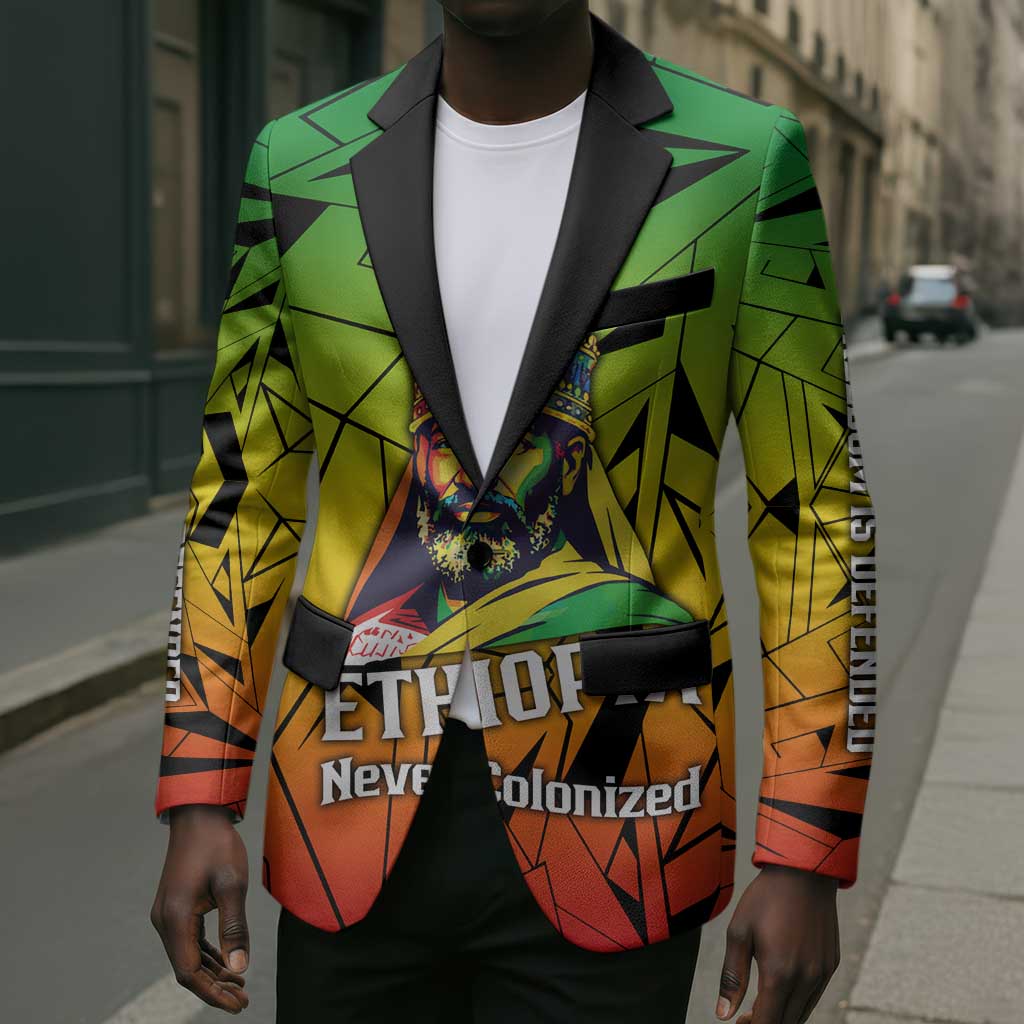 Menelik II Blazer with Crowned Portrait, Ethiopia Never Colonized Text and Pan-African Abstract - African Pride