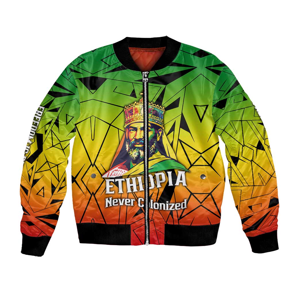 Menelik II Bomber Jacket with Crowned Portrait, Ethiopia Never Colonized Text and Pan-African Abstract - African Pride