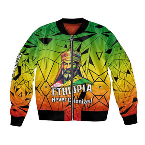 Menelik II Bomber Jacket with Crowned Portrait, Ethiopia Never Colonized Text and Pan-African Abstract - African Pride