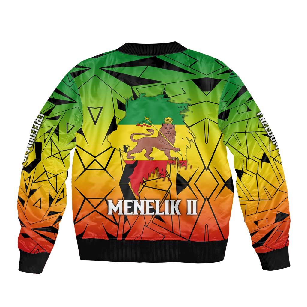 Menelik II Bomber Jacket with Crowned Portrait, Ethiopia Never Colonized Text and Pan-African Abstract - African Pride