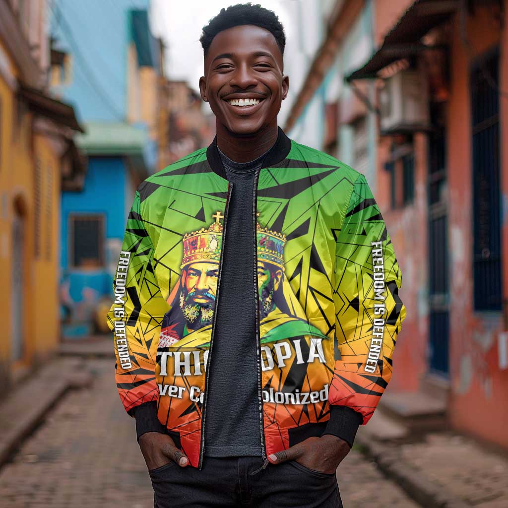 Menelik II Bomber Jacket with Crowned Portrait, Ethiopia Never Colonized Text and Pan-African Abstract - African Pride