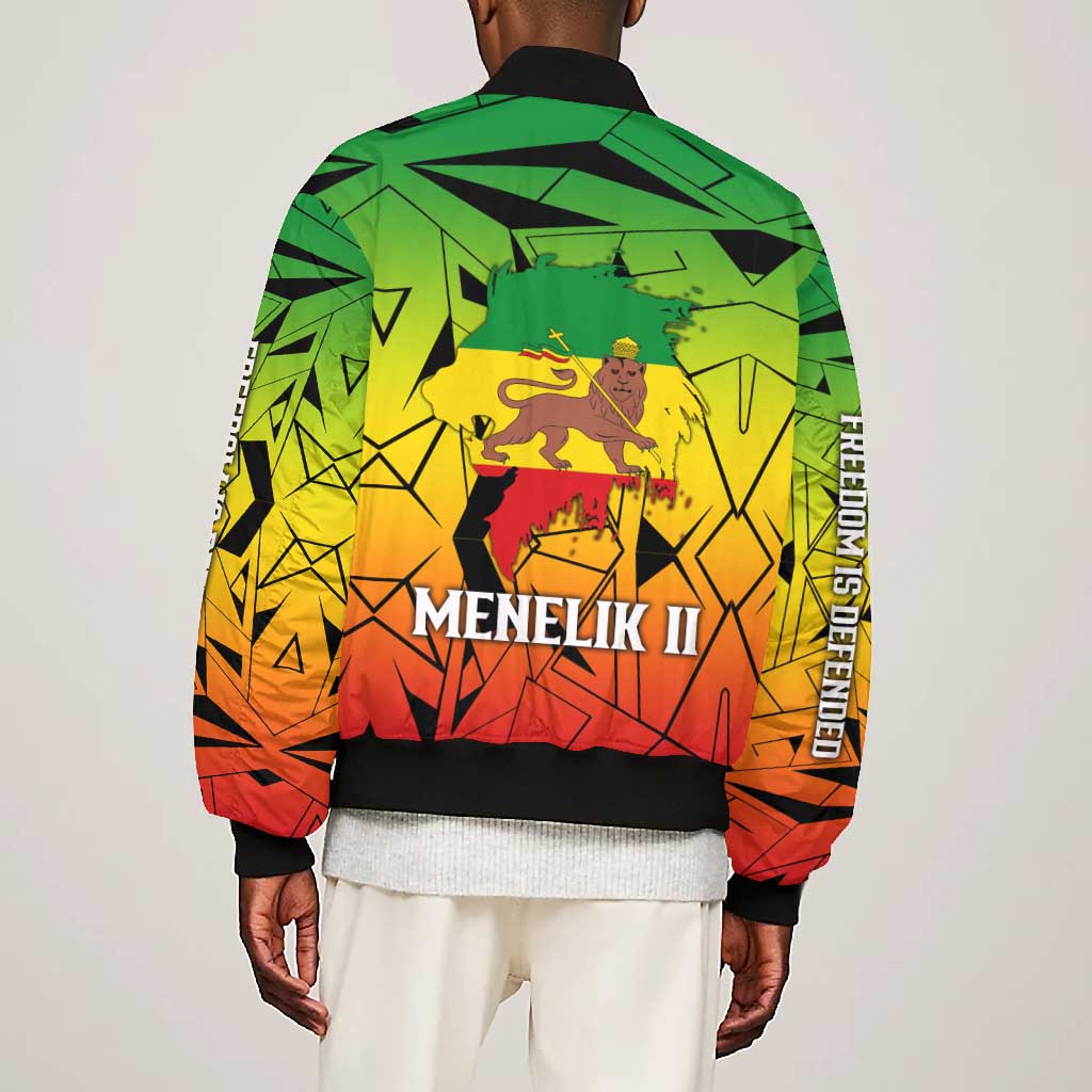 Menelik II Bomber Jacket with Crowned Portrait, Ethiopia Never Colonized Text and Pan-African Abstract - African Pride