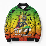 Menelik II Bomber Puffer Jacket with Crowned Portrait, Ethiopia Never Colonized Text and Pan-African Abstract - African Pride