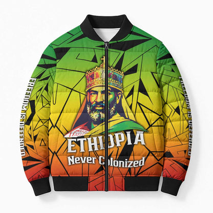 Menelik II Bomber Puffer Jacket with Crowned Portrait, Ethiopia Never Colonized Text and Pan-African Abstract - African Pride