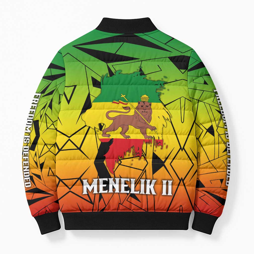 Menelik II Bomber Puffer Jacket with Crowned Portrait, Ethiopia Never Colonized Text and Pan-African Abstract - African Pride