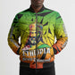 Menelik II Bomber Puffer Jacket with Crowned Portrait, Ethiopia Never Colonized Text and Pan-African Abstract - African Pride