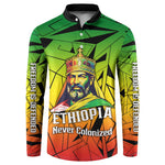 Menelik II Button Sweatshirt with Crowned Portrait, Ethiopia Never Colonized Text and Pan-African Abstract
