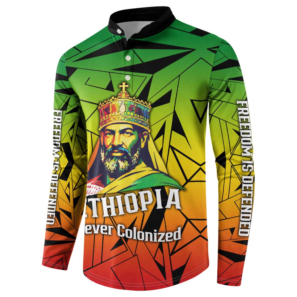 Menelik II Button Sweatshirt with Crowned Portrait, Ethiopia Never Colonized Text and Pan-African Abstract