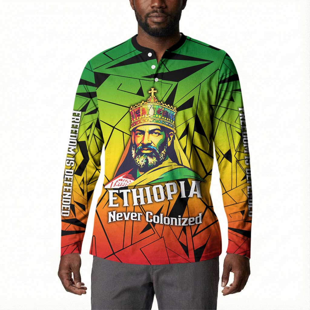 Menelik II Button Sweatshirt with Crowned Portrait, Ethiopia Never Colonized Text and Pan-African Abstract