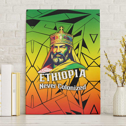 Menelik II Canvas Wall Art with Crowned Portrait, Ethiopia Never Colonized Text and Pan-African Abstract - African Pride