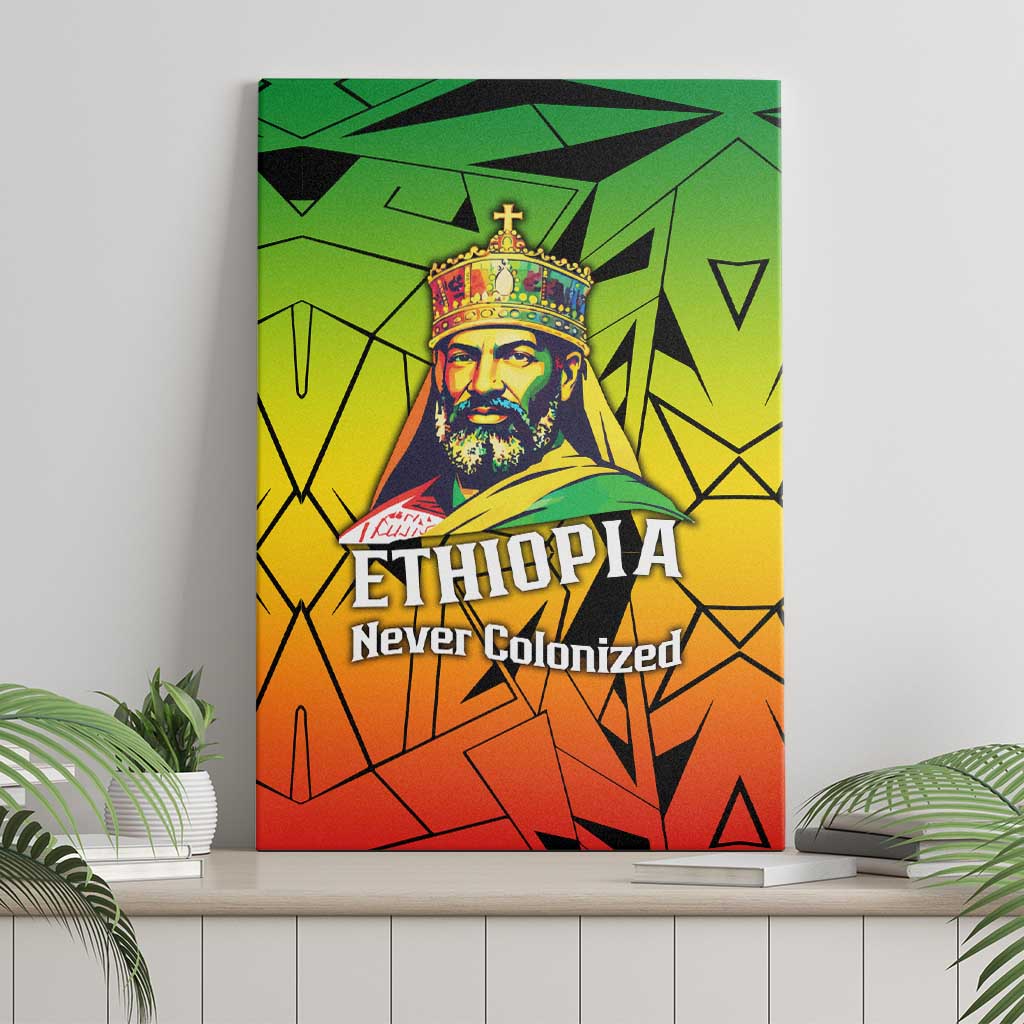 Menelik II Canvas Wall Art with Crowned Portrait, Ethiopia Never Colonized Text and Pan-African Abstract - African Pride
