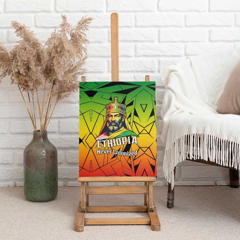 Menelik II Canvas Wall Art with Crowned Portrait, Ethiopia Never Colonized Text and Pan-African Abstract - African Pride