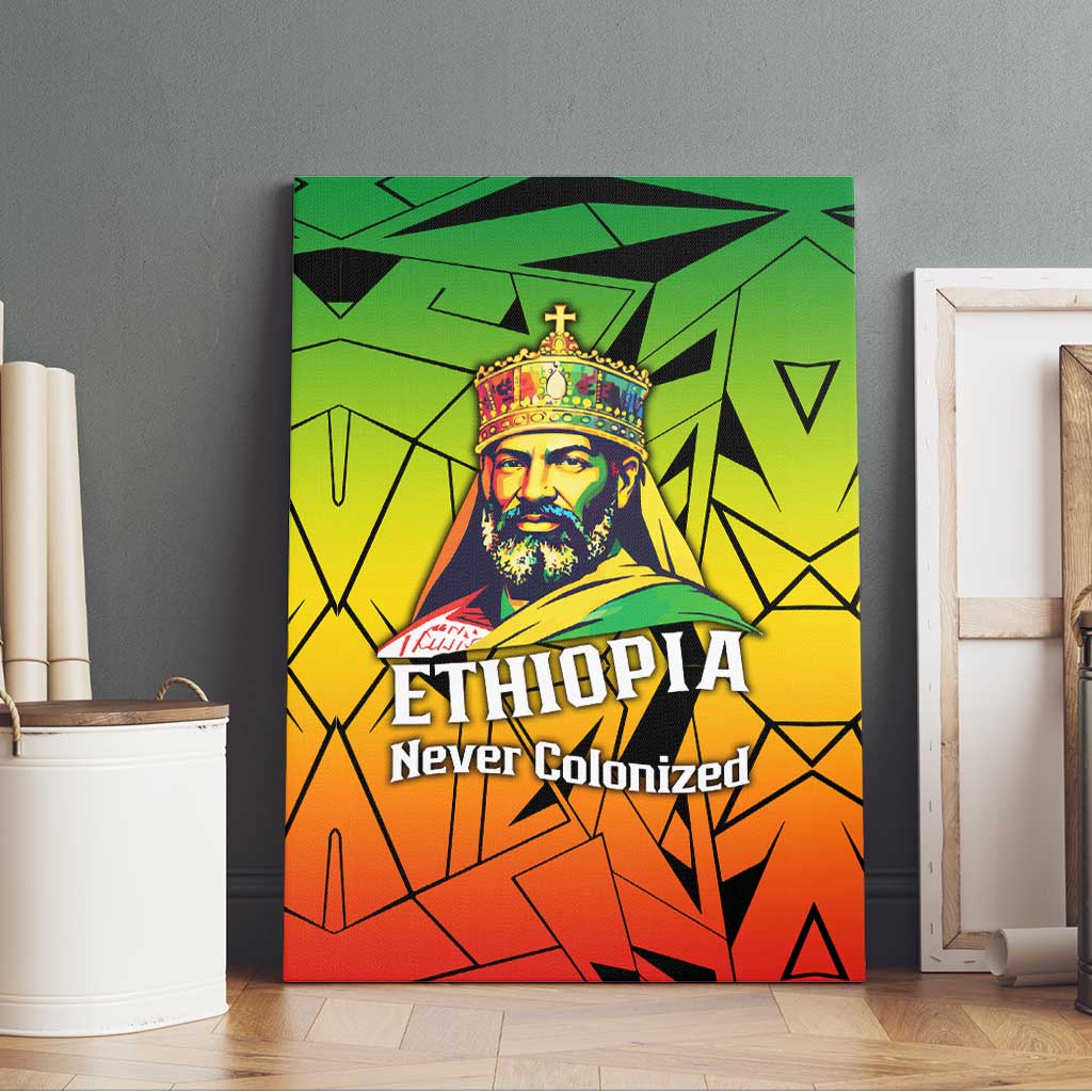 Menelik II Canvas Wall Art with Crowned Portrait, Ethiopia Never Colonized Text and Pan-African Abstract - African Pride