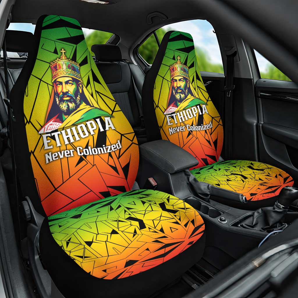 Menelik II Car Seat Cover with Crowned Portrait, Ethiopia Never Colonized Text and Pan-African Abstract - African Pride