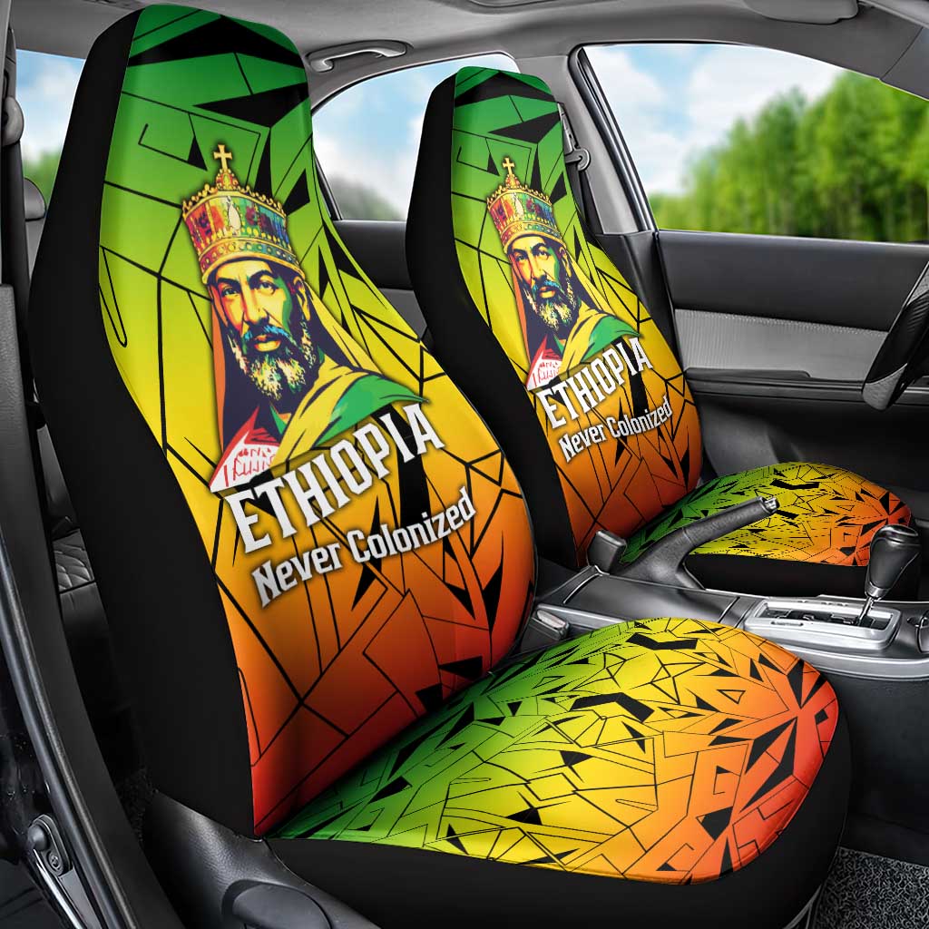 Menelik II Car Seat Cover with Crowned Portrait, Ethiopia Never Colonized Text and Pan-African Abstract - African Pride