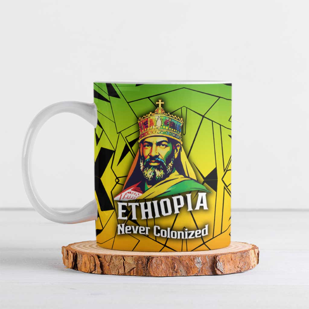 Menelik II Ceramic Mug with Crowned Portrait, Ethiopia Never Colonized Text and Pan-African Abstract - African Pride